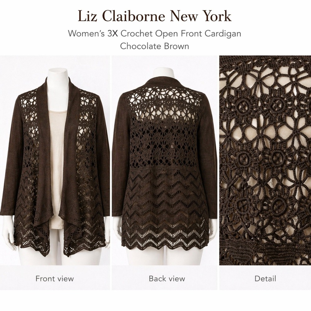 Liz Claiborne New York Womens 3X Crochet Open Front Cardigan Chocolate Brown New